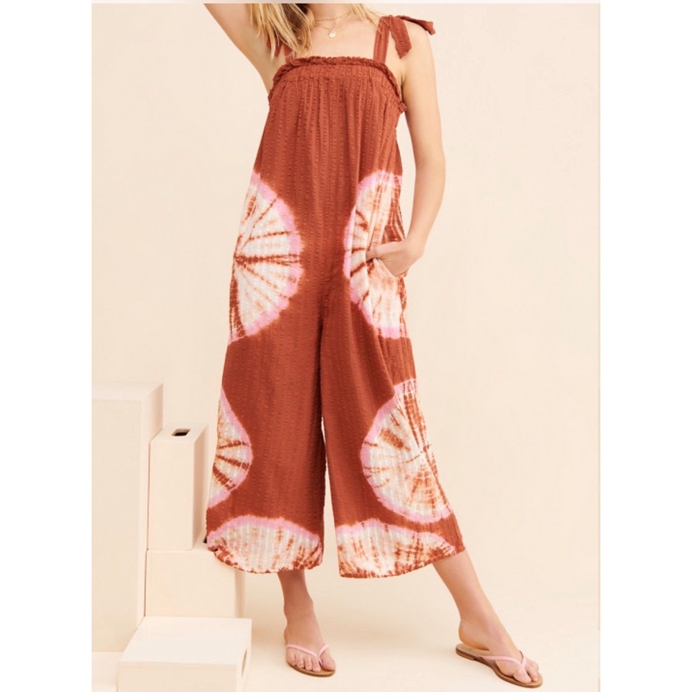 The Odells Josephine Wide Leg Jumpsuit Rust Brown Tie Dye Gauze Boho Small beach
